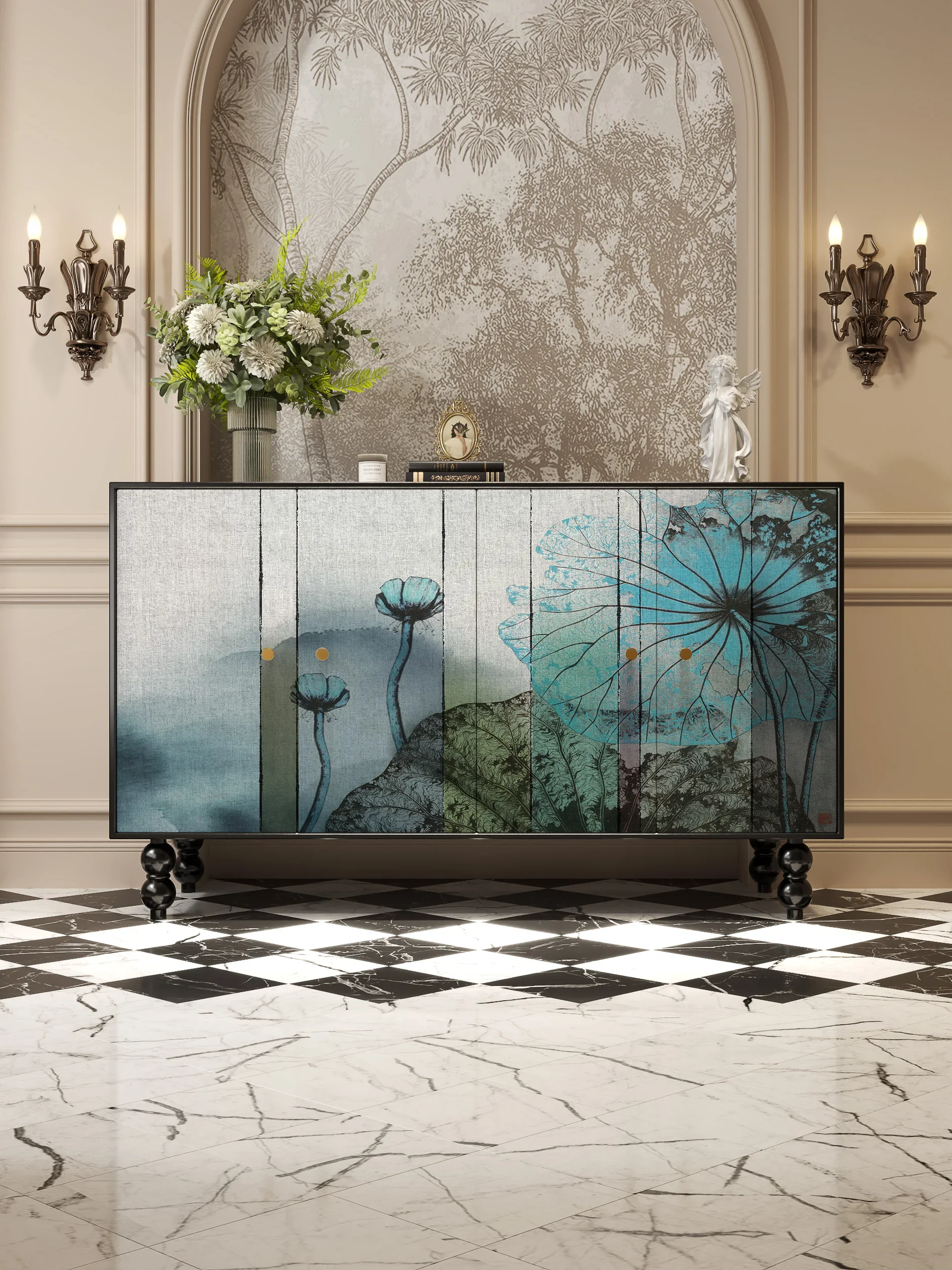 Medieval French entrance cabinet, entrance door, dining side, living room partition, solid wood storage chest