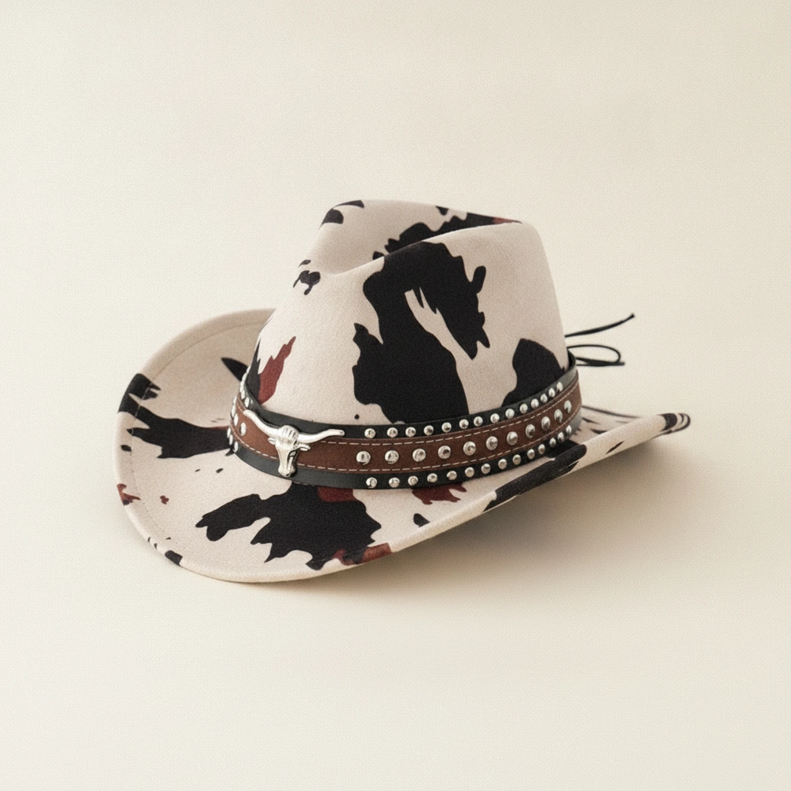 Cowboy Hat with Metal Studs Cow Print Cowboy Hat with Studs Headwear Wide Brim Studded for Adults, Rodeo, Costume Party