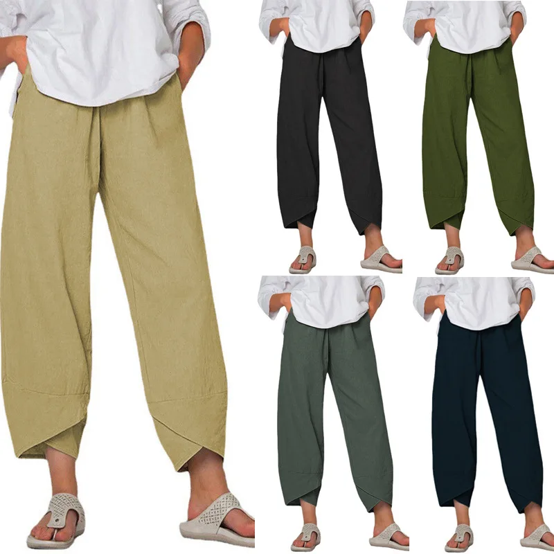 2024 primavera/estate nuovi pantaloni a gamba larga in canapa di cotone da donna tinta unita pantaloni larghi Casual a vita larga per le donne