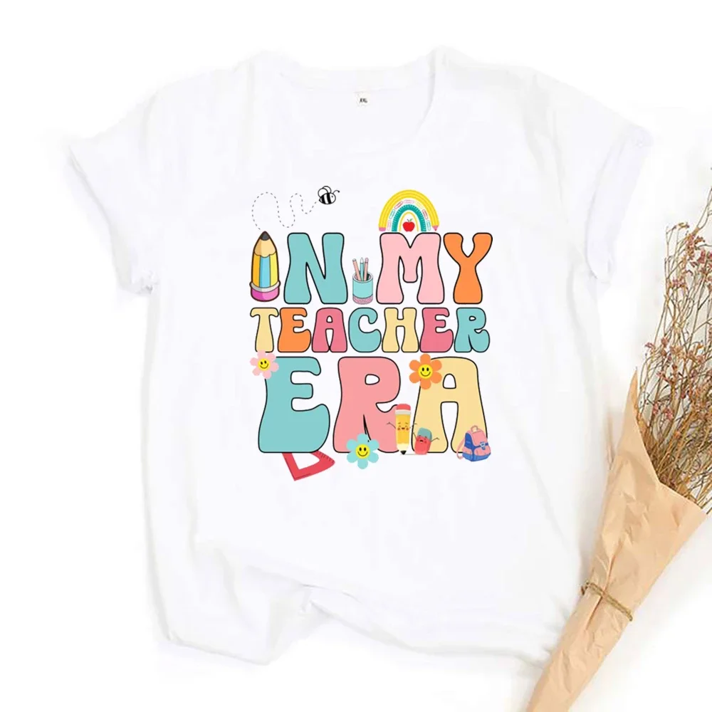 Casual Girls Tees Top in My Teacher Era&pencil Pattern Print T-shirt Short Sleeve Crew Neck Top Teacher's Day Best Gift Vintage