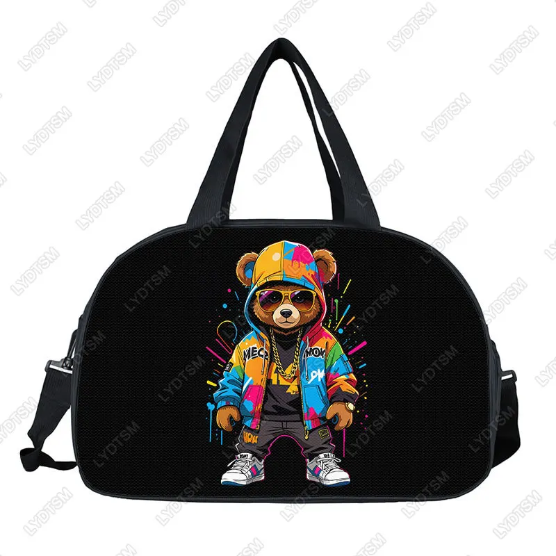 Cute Graffiti Bear Print Handbag for Travel Large Capacity Duffle Bags Cartoon Bear Multifunctional Storage Bag Shoes Holder