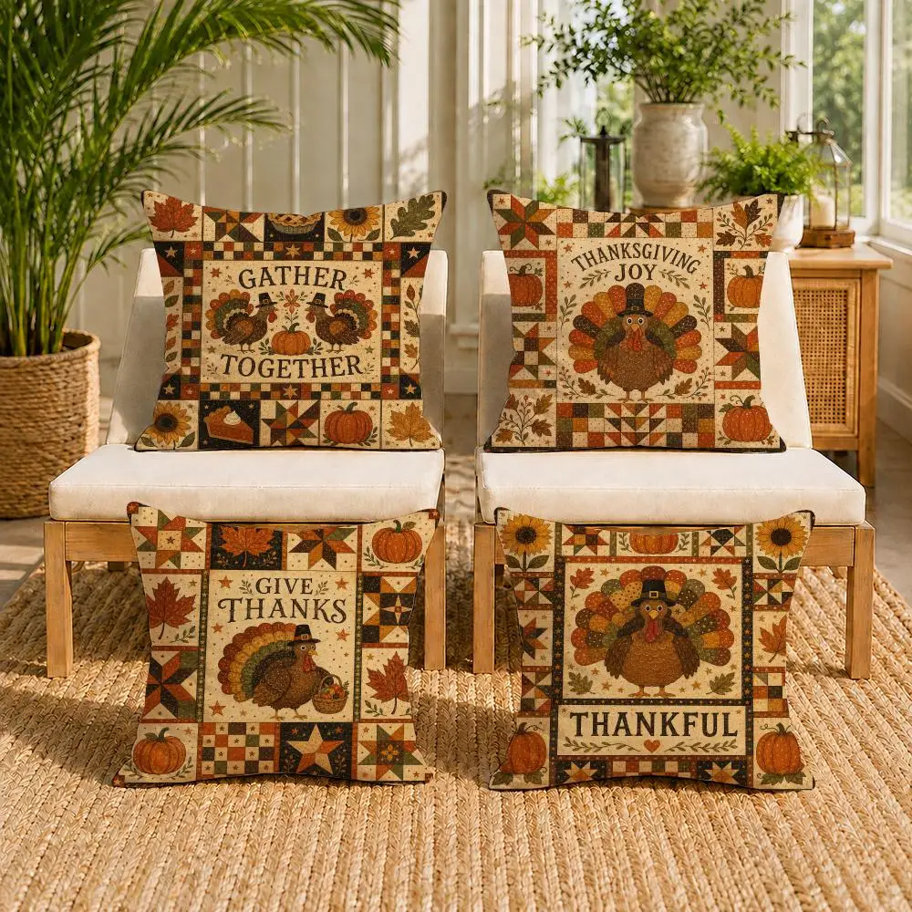 Thanksgiving Turkey Pumpkin Patchwork Cushion Cover Double-Sided Plush Sofa Cushion Covers Organic Breathable Invisible Zipper