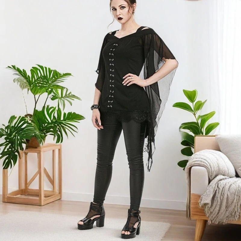 고딕 여성 돌먼 슬리브 캐미 티셔츠 탑 불규칙한 스플라이스 레이스 쉬폰 셔츠 블라우스 할로윈 파티 댄스 파티 코스프레 블랙 그레이