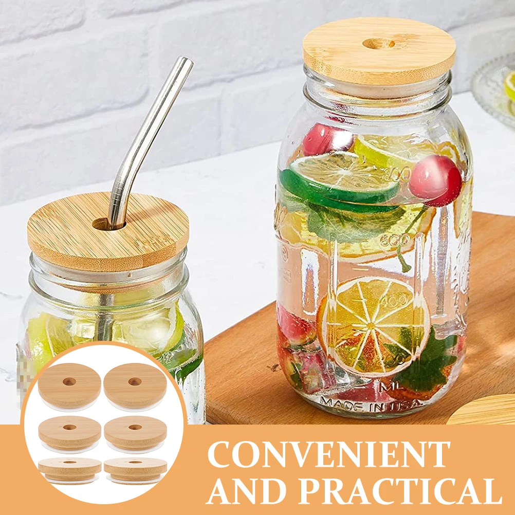 

6pcs Wood Grain Sealing Lids Glass Jars Mason Covers Straw Holes Household Reusable Canning Bottle Wooden Material Durability