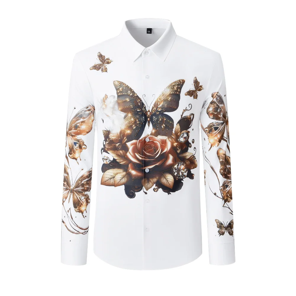 Luxury Rhinestone Flower Shirt for Men 2025 Autumn Long Sleeve Casual Shirts Comfortable Social Banquet Streetwear Dress Shirt