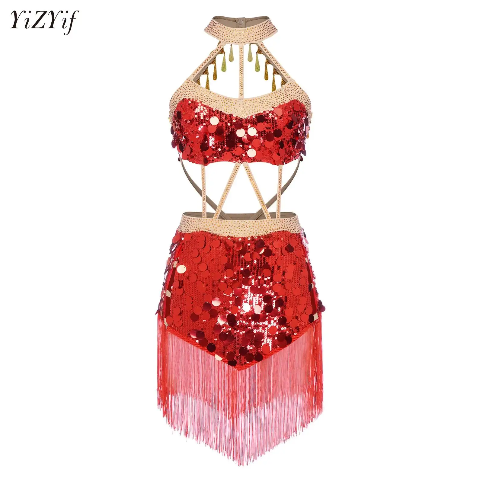 

Women Glittery Latin Dance Performance Gymnastics Figure Skating Costume Jazz Dance Built-in Briefs Hollow Ballet Bodysuit Dress