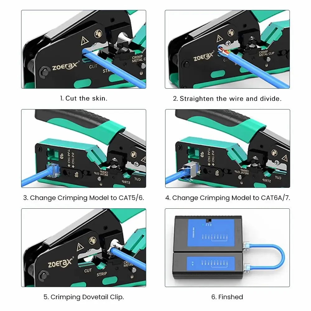 ZoeRax Pass Through RJ45 Crimp Tool with 10PCS Cat7 Connectors and Strain Relief Boots, Ethernet Wire Cutter Crimper