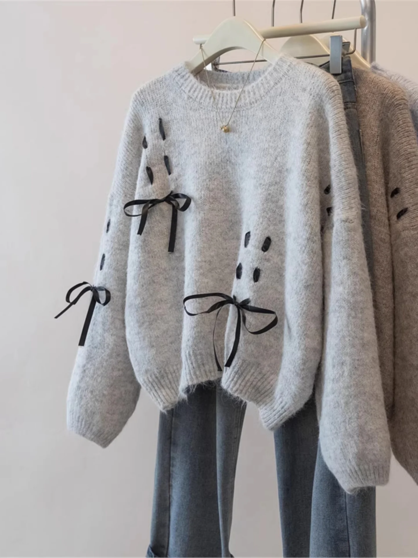 

Knot Belted Loose Knitwear Inner Wear Large Size Women's Casual Sle Autumn Winter Season Slimming Effect Top