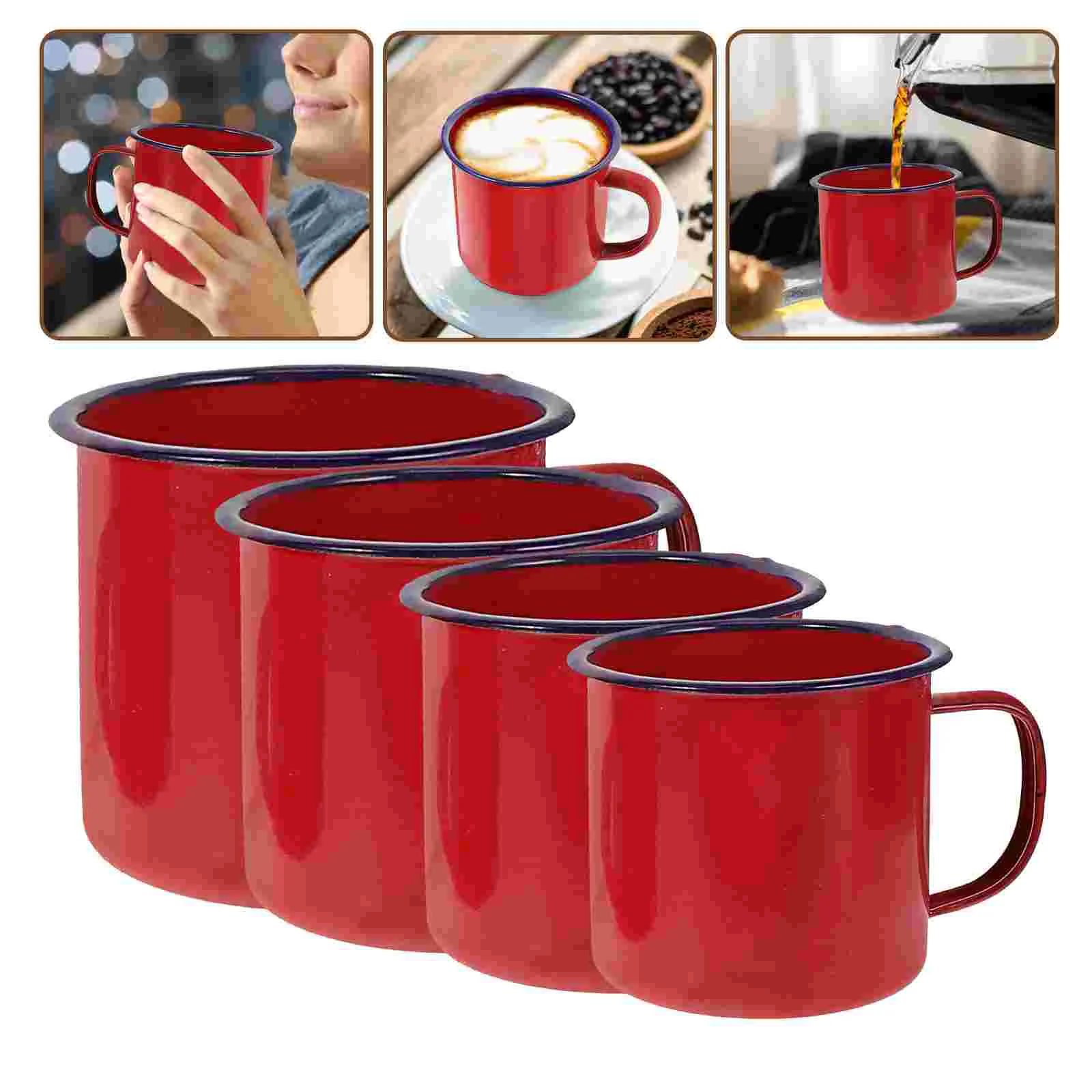 

4 Piece Enamel Set Travel Coffee Mug Tea Jar Cake Cup Hot Pot Camping Red Kitchen Barware Drinkware Glass Cup