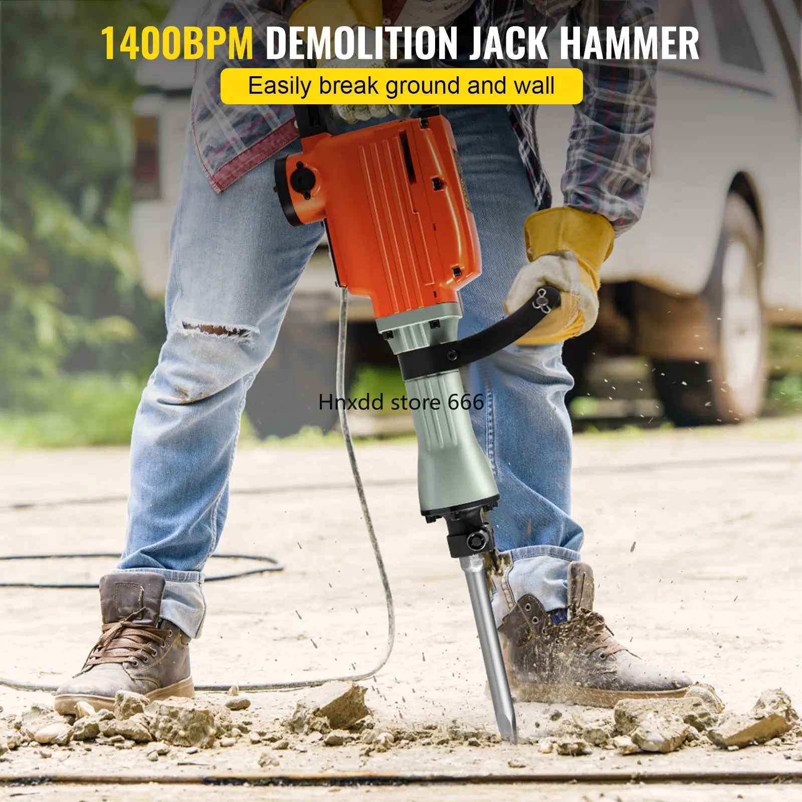 2200W Electric Demolition Jack Hammer 4 Bits Clay Spade Chisel & Scraping & Flat Chisel & Pointed Chisel 1400 RPM