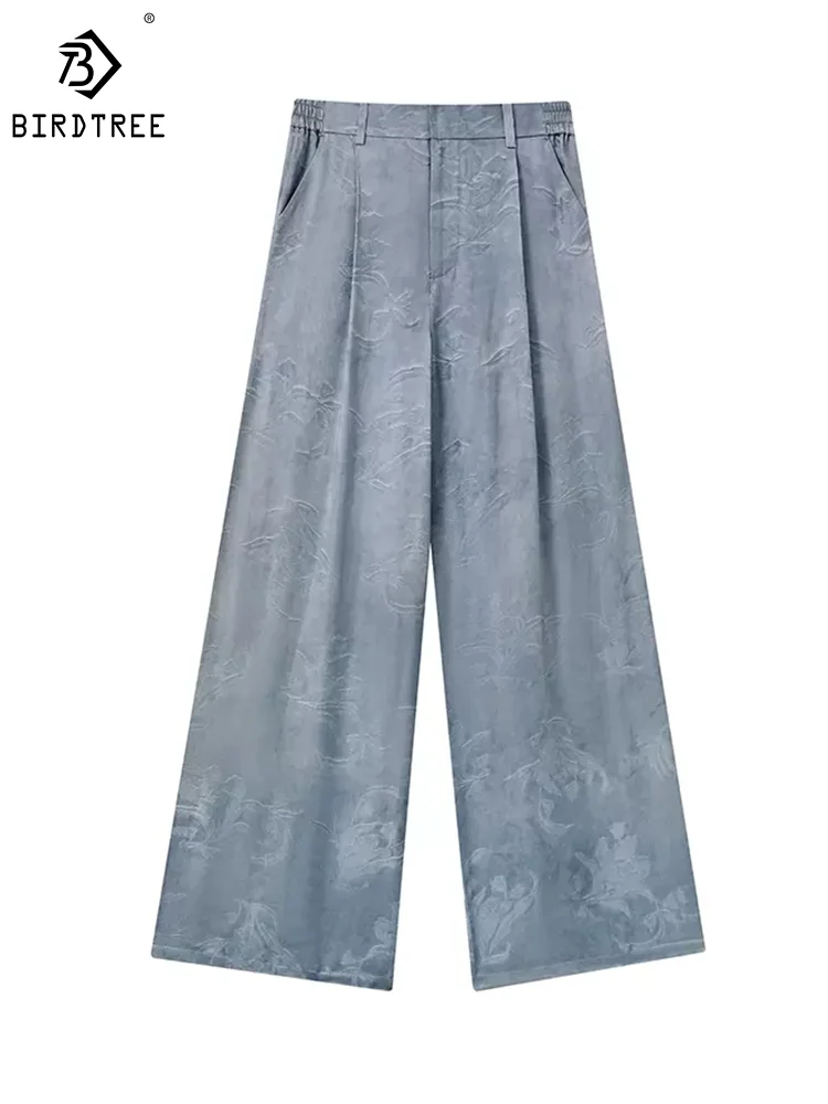 Birdtree Mulberry Silk Wide Leg Pants, Women's Pocket Floral Jacquard Loose Pants, Spring Summer 2024 New Trousers B42927QM