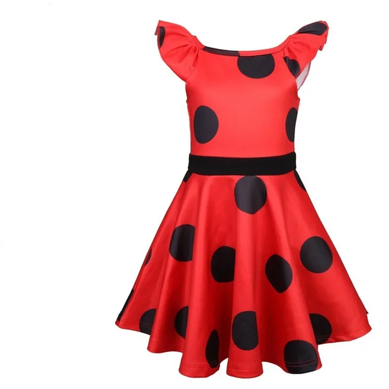 2024 Halloween Fantasia Red Circular Polka Dot Costumes Earring Kids Dress Justice Bug Cosplay Christmas Party Child Girls Suit