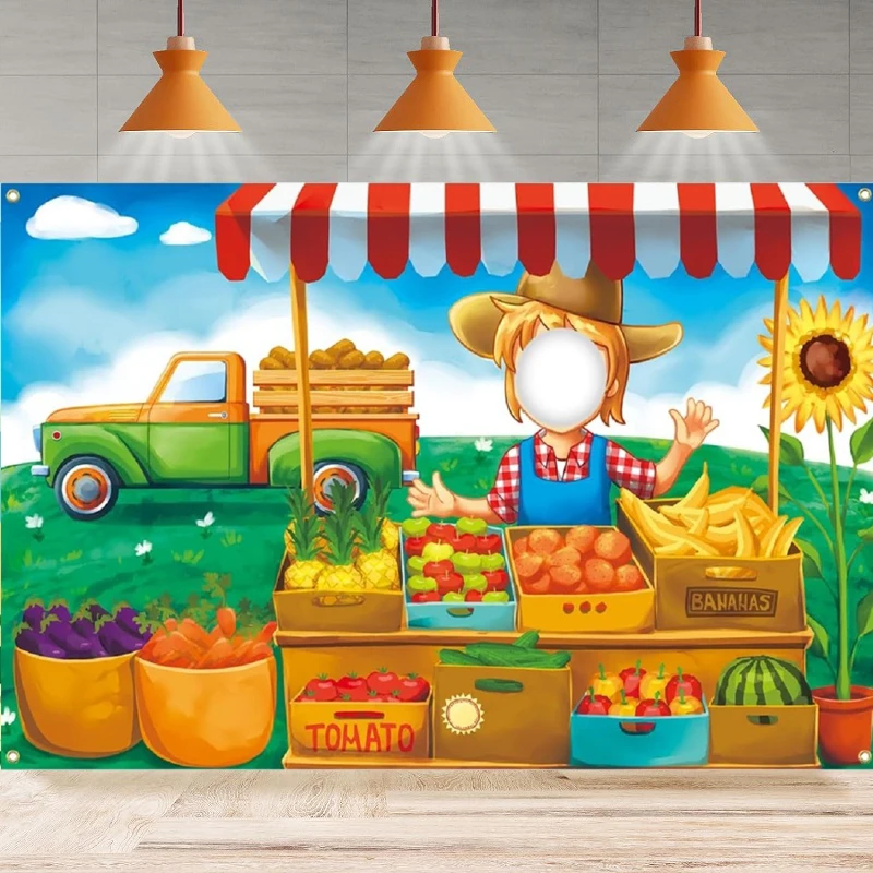 Photography Backdrop Farmers Market Stall Farmer Face Cutout Photo Pretend Play Game Background Party Backdrop Wall Banner Decor