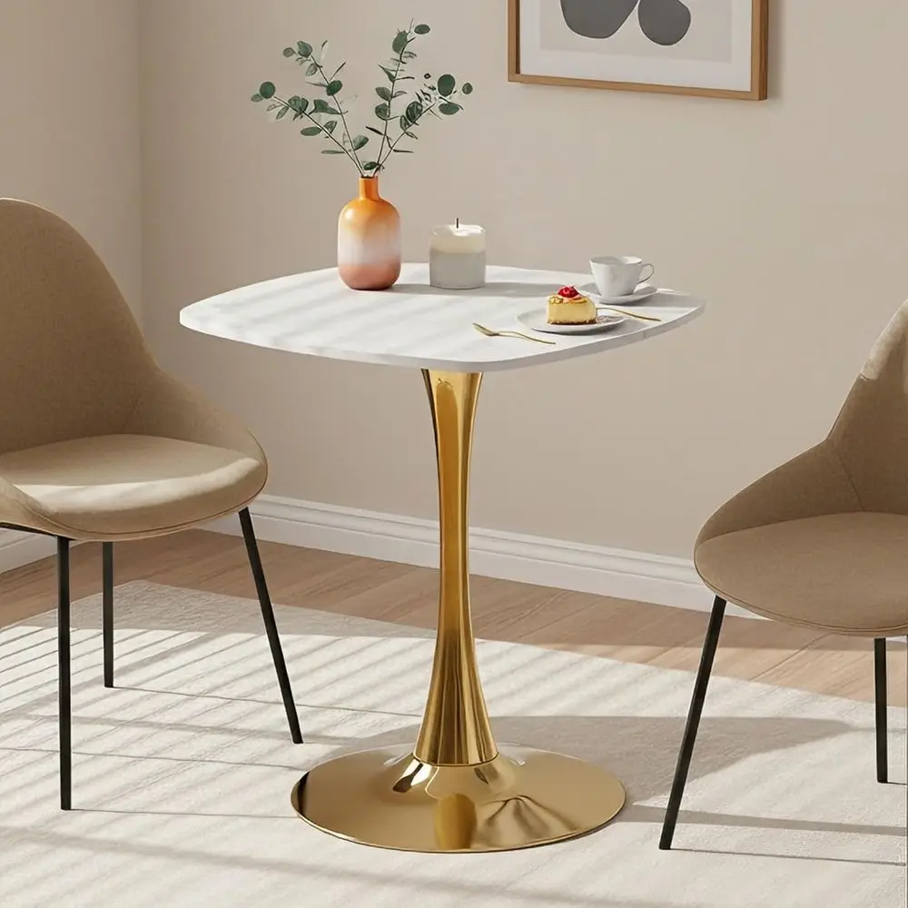 

24 Marble White Gold Tulip Dining Table with Metal Pedestal for Quick Assembly and Small Spaces