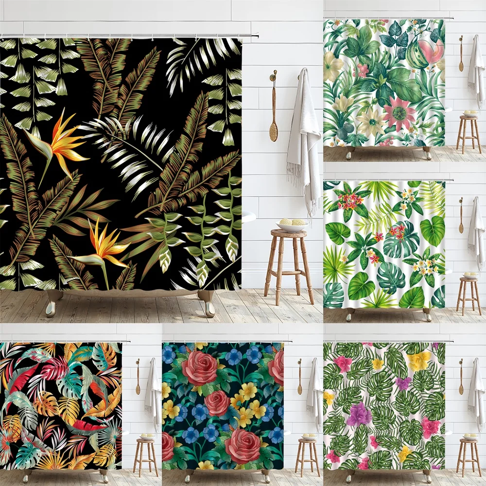 Tropical Floral Plant Shower Curtain Palm Leaves Hibiscus Plumeria Flowers Hawaiian Botanical Fabric Polyester Bathroom Curtains