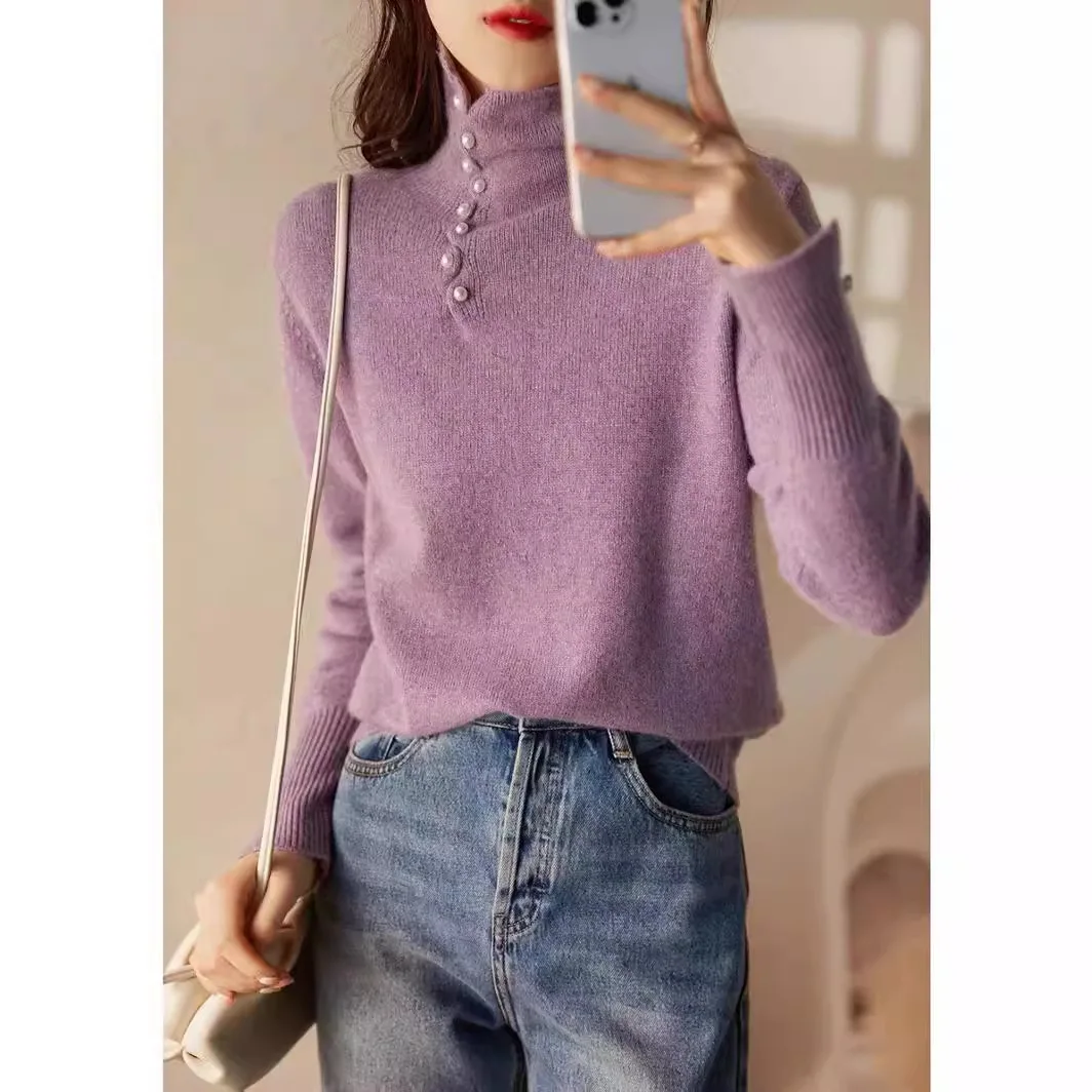 Gola alta cor sólida camisa de fundo feminino novo coreano outono e inverno de manga comprida fino macio e confortável camisola de malha