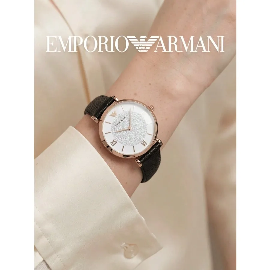 Emporio Armani Ladies Quartz Watch, Rose Gold Tone, Black  Pattern Leather Band, Sparkling Crystal Center Dial Elegant Watch