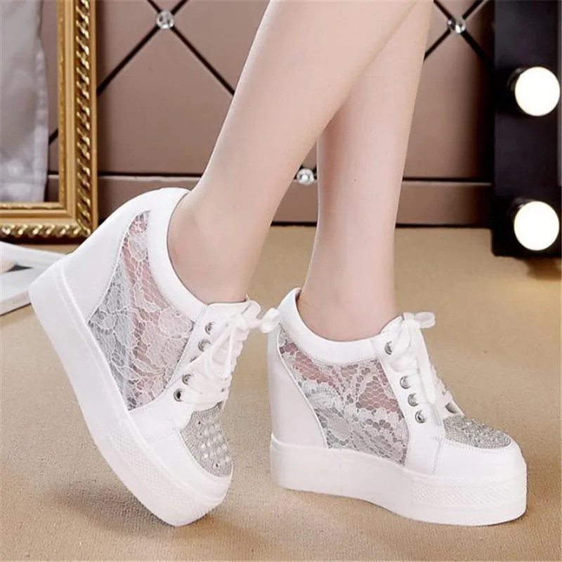 white platform shoes Hidden Heel Women Casual Platform diamon Shoes Woman Sneakers Shoes Women Height Increasing Wedges Shoes