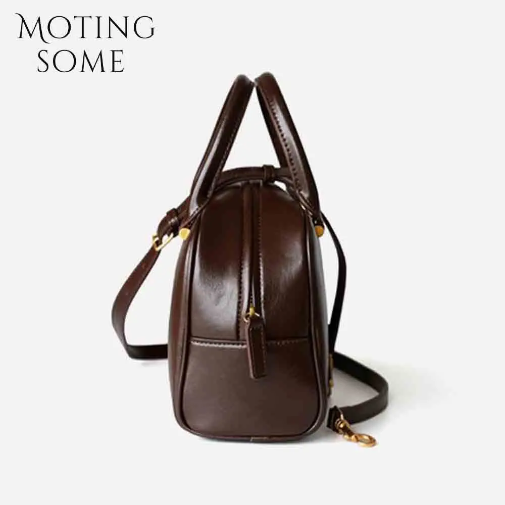 Motingsome Stylish Woman Bowling Bags Boston Purses Luxury Genuine Leather Handbag Pillow Bags Shoulder Retro Satchel Black 2024