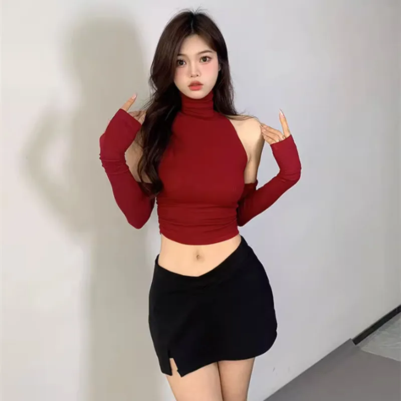 セクシーでスパイシーなショートノースリーブトップ、ハイカラー、プリーツデザイン、袖カバー付き、長袖、スリムフィット、肩出しベースシャツ