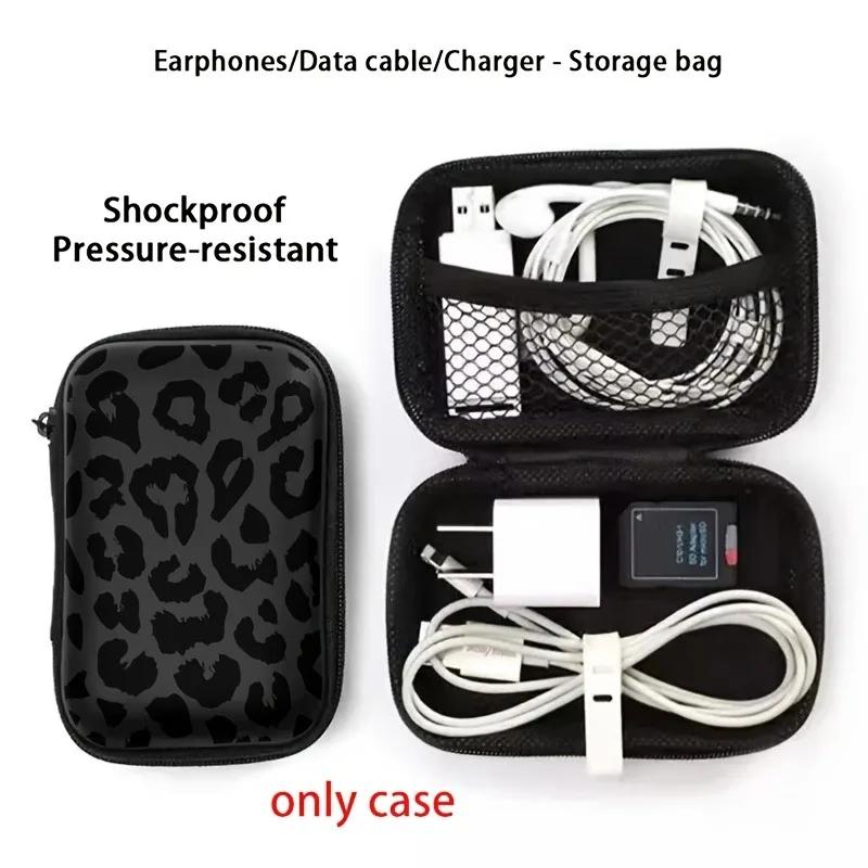 Black Leopard Print EVA Hard Shell Electronics Organizer Shockproof Portable Cable Organizer Bag for Earphone Charger Data Cable view 4