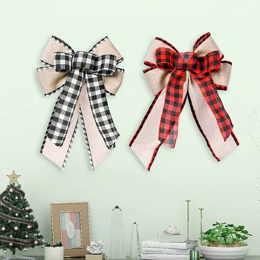 Large Red Car Linen Plaid Christmas Ribbon Bow Christmas Tree Decoration Handmade New Year 2022 Party Wedding Decor Ornament