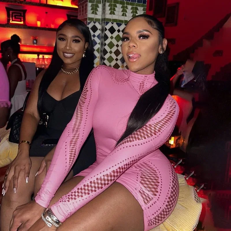 Damska seksowna mini sukienka z wycięciem siateczkowa z długim rękawem bezszwowa odzież klubowa Bodycon wycięcie Mini sukienka