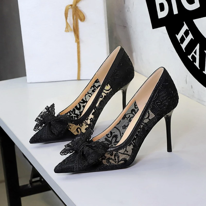 Women Champagne Lace Bow Pointed Toe Pumps Embroidered See-through Mesh Thin Stiletto Heels Fairy Bridal Wedding Elegant Banquet