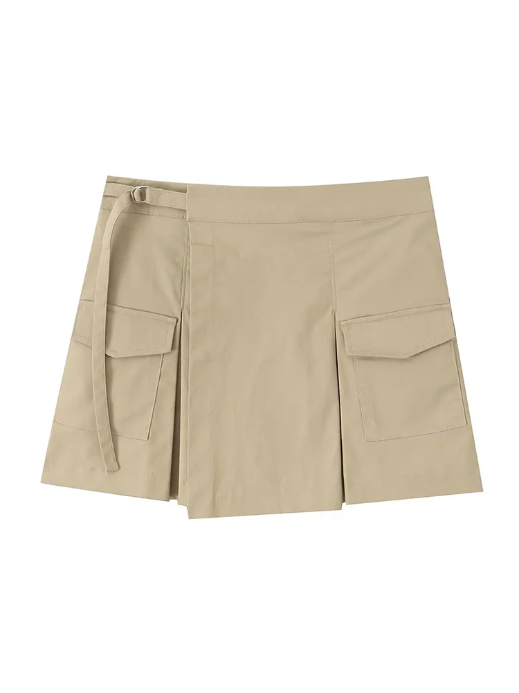 HH Women Summer Pleated High Waist Working Culottes Female Elegant Zipper Trip Strap With Metallic Buckle Casual Skirt Mujer