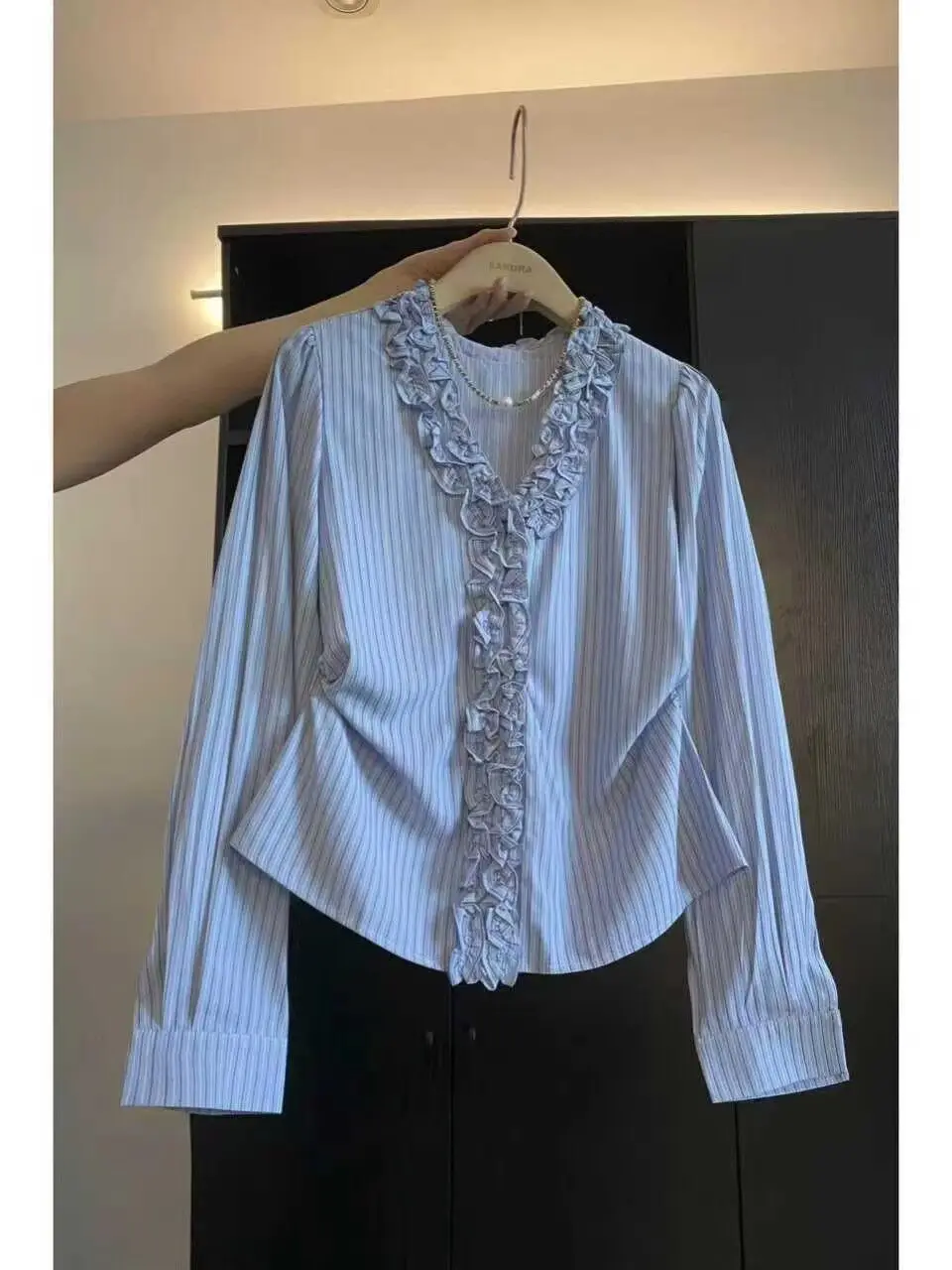 

plus Size V-Neck Ruffle Waist Stripe Shirt Women's Spring Summer High Waist Long Sleeve Top Korean Style Slimming Trendy