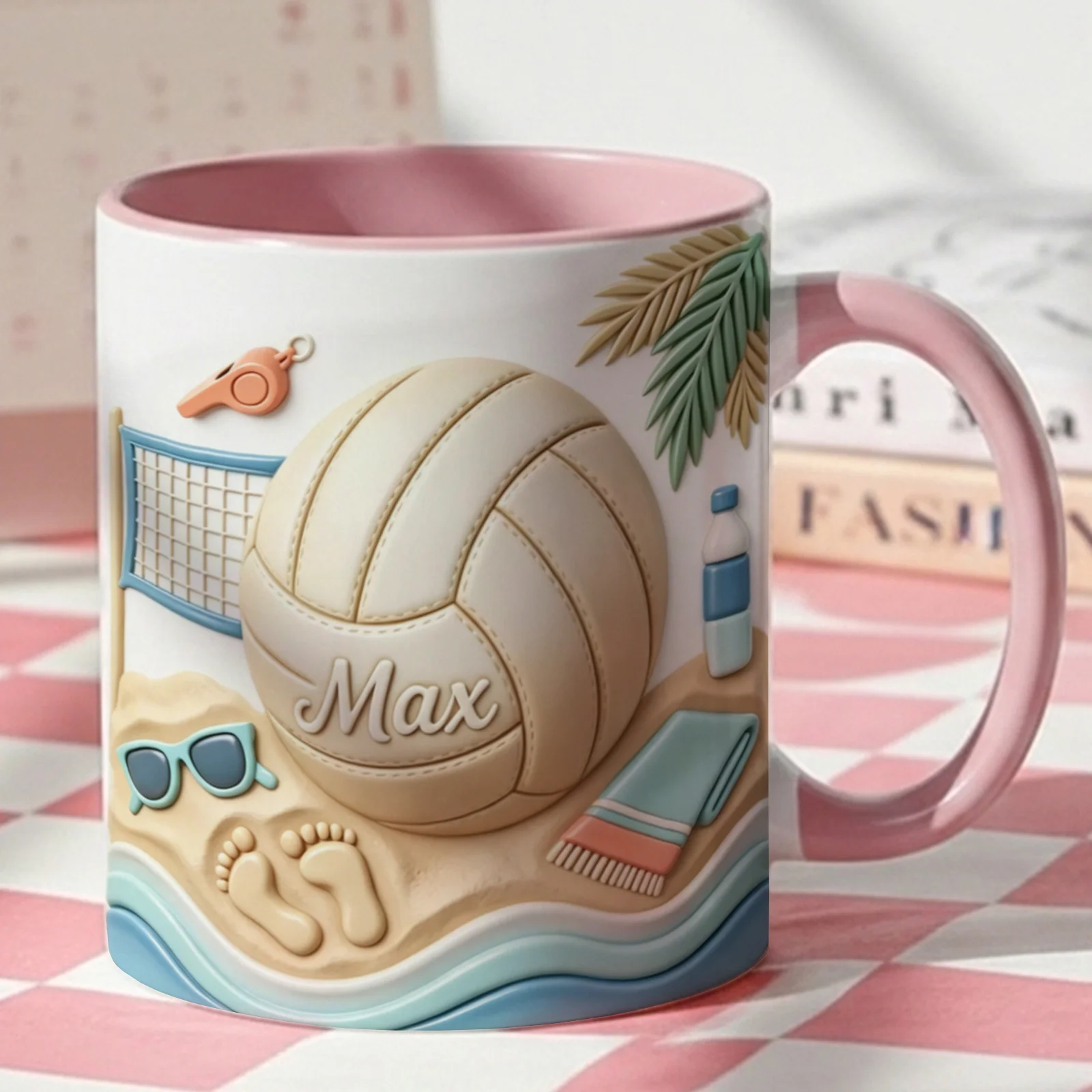 Personalized Beach Volleyball Ceramic Coffee Mug Custom Name Gift 3D Inflatable Bubble Pattern 11oz Summer Theme Cup for Father