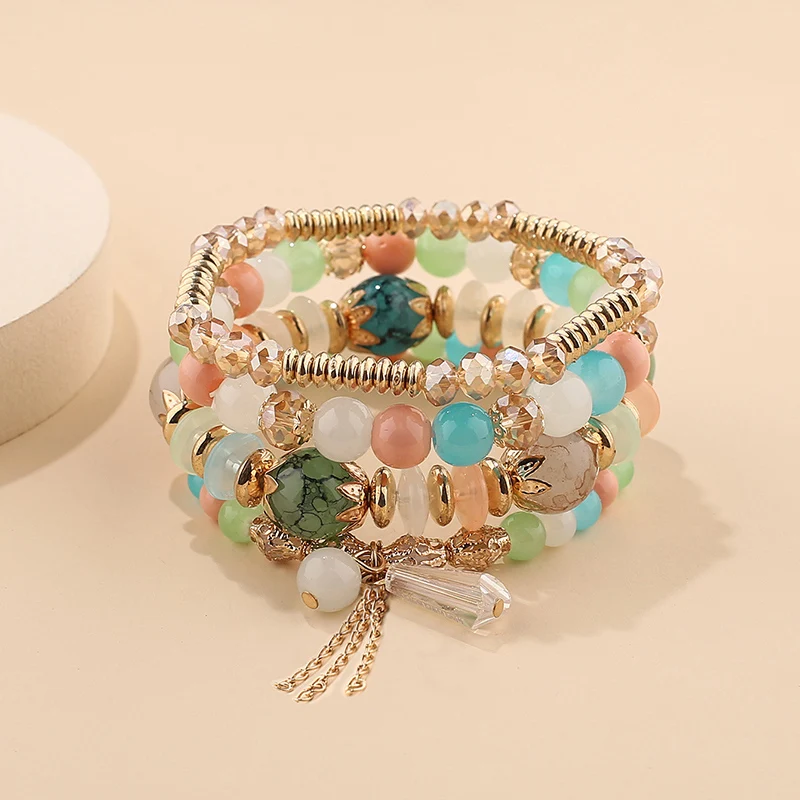 4-teiliges Set aus stapelbaren Armbändern im Bohème-Stil für Damen, mehrschichtiges Armband mit Glasperlen und dehnbarem Kettenarmband, modischer Schmuck für Herren. – Detail 12