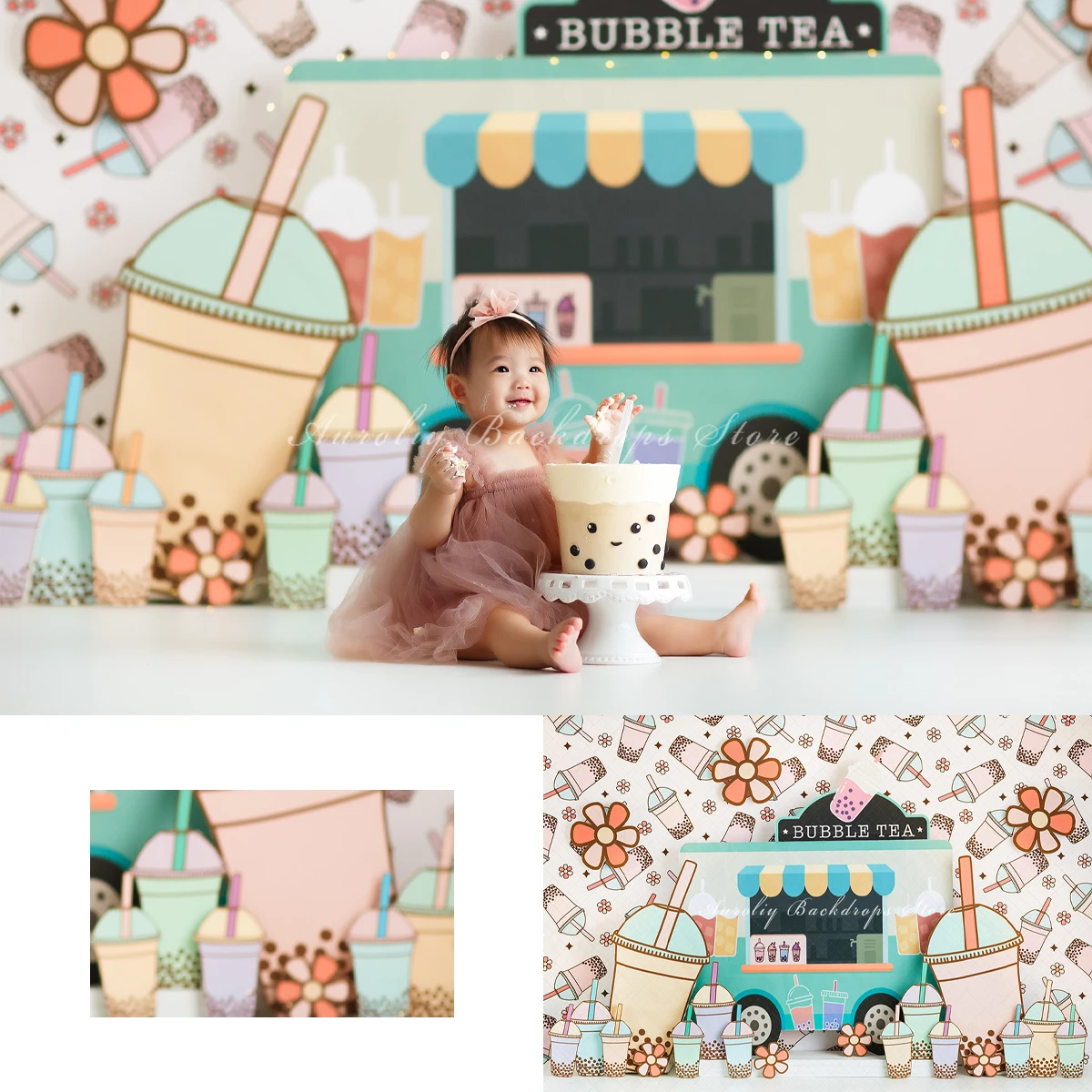 Bubble Tea Backgrounds Cake Smash Kids Adult Photography Props Child Baby Decors Milk Tea Dining Cart Photo Backdrops