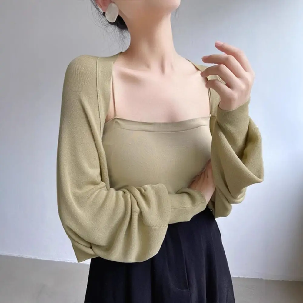 

French Summer Thin Knit Shawl Long Sleeve Wraps Ice Silk Shawl Casual Solid Color Sunscreen Coat Women