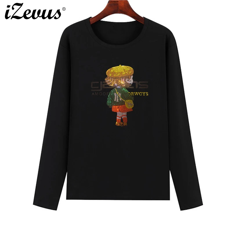 Camiseta Casual Feminina de Algodão com Gola Redonda e Manga Longa, Design de Menino em Strass para o Verão