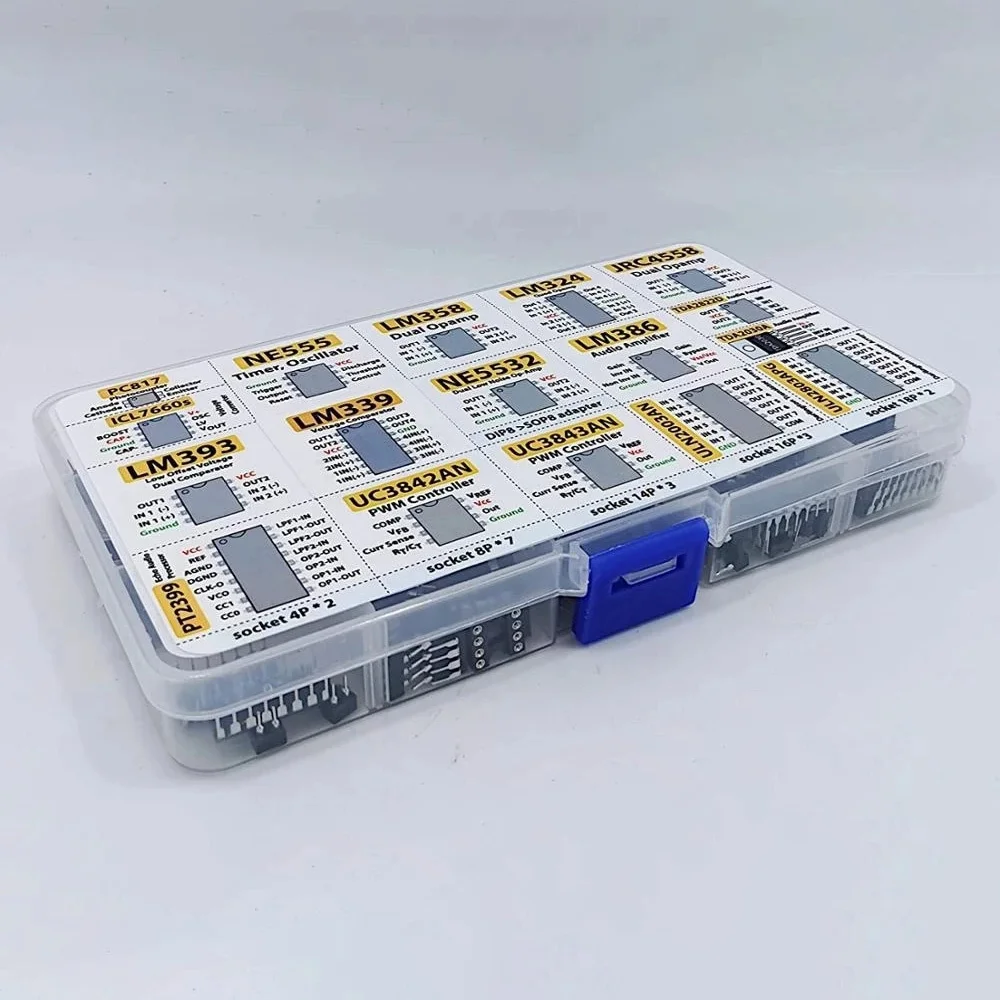 150 Pcs IC Chip Assortment Kit Opamps Oscillator PWM NE555 LM358 LM324 TDA2030 UC3842 ULN2003 with Sockets and Adapter