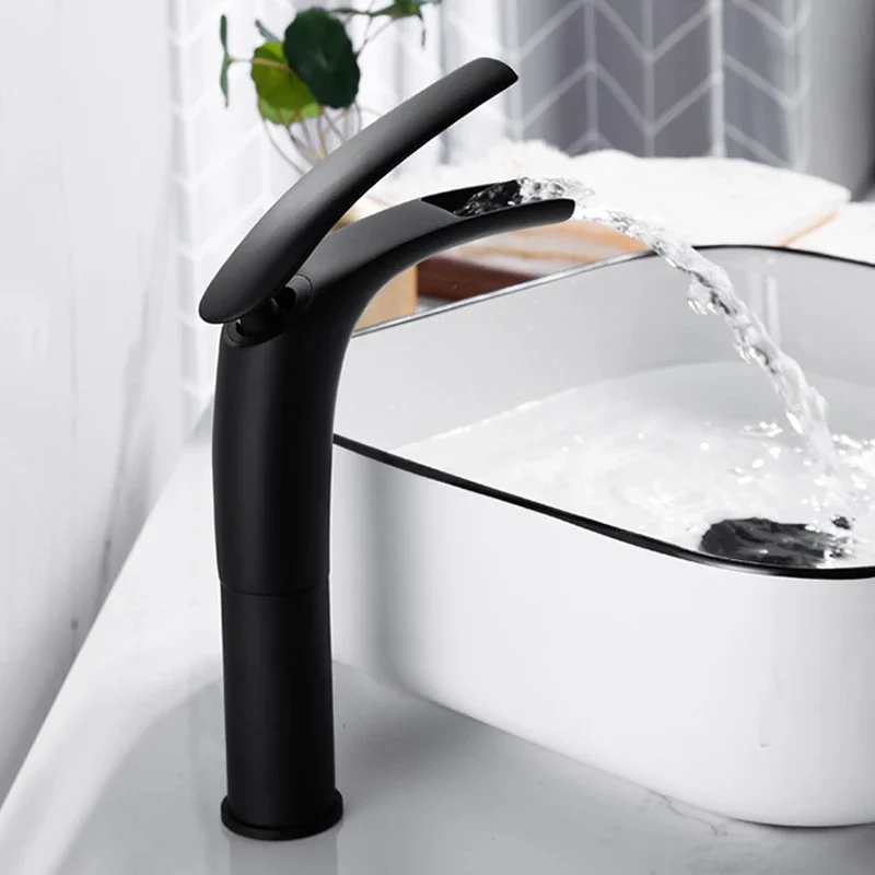 

Bathroom Basin Paint Black Waterfall Sink Single Hole Cold Hot Water Mixer Tap Copper Wash Basin Deck Mount