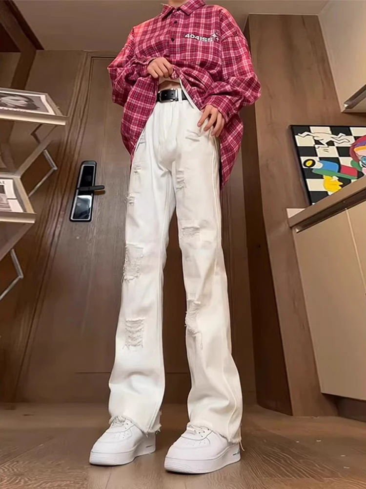 

Белые мужские джинсы прямого кроя Slim Fit в американском стиле хип-хоп с рваными элементами, слегка расклешенные, молодежный тренд, хлопок/полиэстер