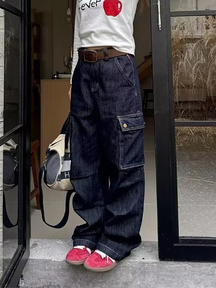 

Women's Deep Blue Cargo Baggy Jeans Y2K Japanese Harajuku High Street Aesthetic High Waist Wide Leg Jeans Pants Clothing 2025