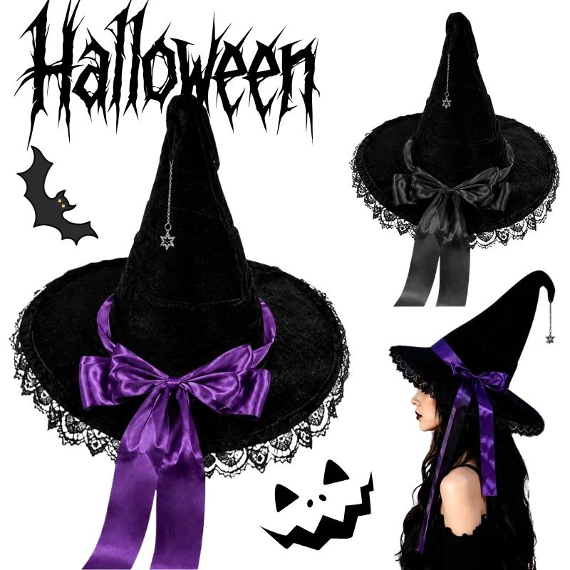 Gothic Velvet Witch Hat Lace Trim Satin Bow Decor Pointed Wizard Hat for Halloween Carnival Fancy Dress Cosplay Outfit Accessory