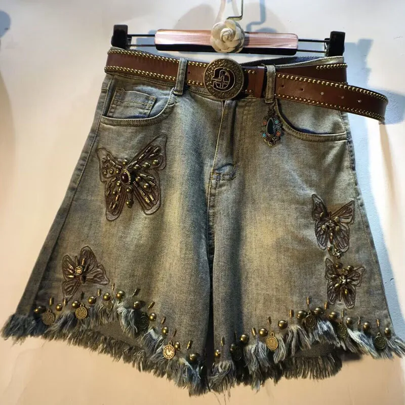 New Woman Summer Women Hot Shorts Beads Butterfly Diamonds High Waist Wide Leg Shorts Tassel Vintage Casual Denim Shorts Q887