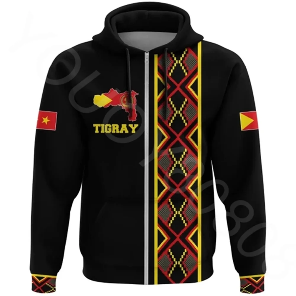 

Africa Region Country Men's Sweatshirt Casual Zip-Up Loose Sweatshirt Hoodie Tigray Map Africa Pattern Black Personalized Zip Ho