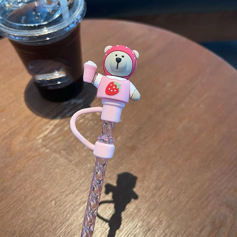 Cute Bear Straw With Dust Cover Cap Silicone Kawaii Cat Claw Straw Stoppers For Tumbler Pink Straws Tip Cover Protector 7mm