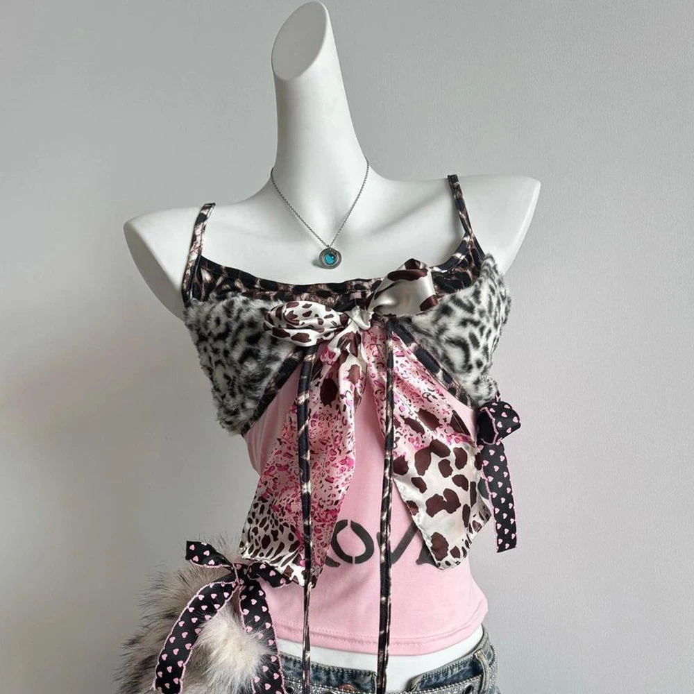 American Harajuku Hot Girl Vest Subculture Leopard Patch Bow Vest Y2K Aesthetic Letter Print Fashion Vest Women's Slim Fit Top