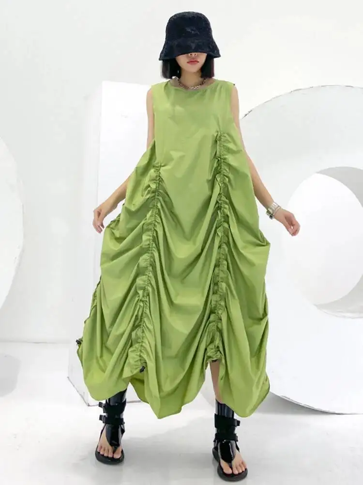 Green Pleated Drawstring Women Long Irregular Vest Dress New Round Neck Sleeveless Fashion Spring Summer 2026 1DJXIQF