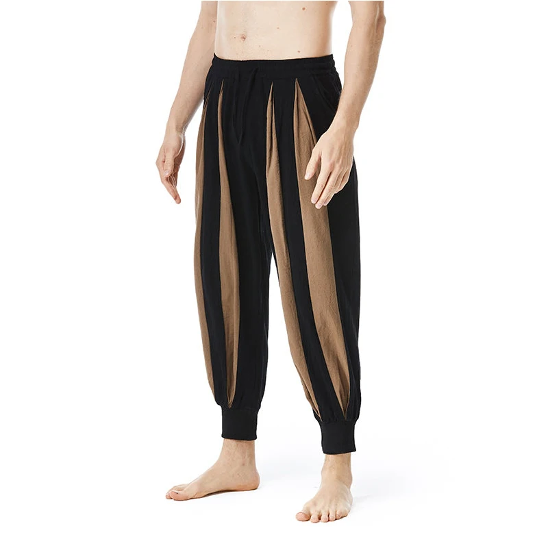 2024 Summer New Men\'s Cotton and Linen Casual Pants Fashion Striped Lantern Pants Retro Gothic Stage Performance Pirate Pants