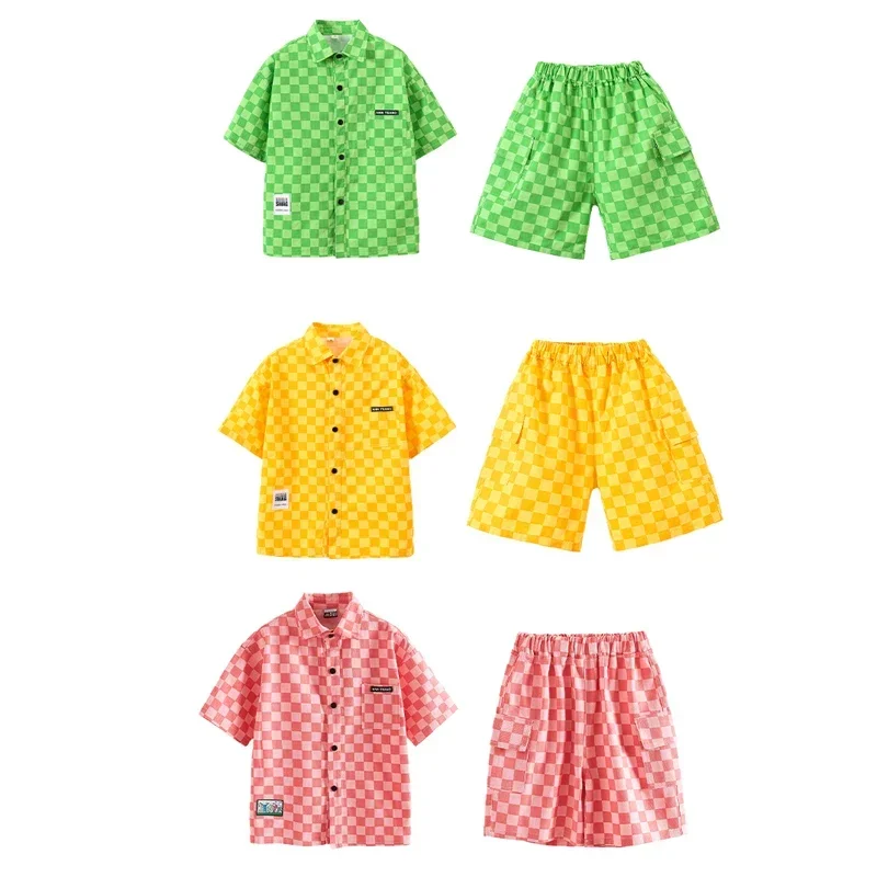 الفتيات أزياء رقص الجاز الفتيان الهيب هوب الملابس منقوشة قميص السراويل الشارع الرقص أداء ارتداء الاطفال K-pop المرحلة الزي SL9497