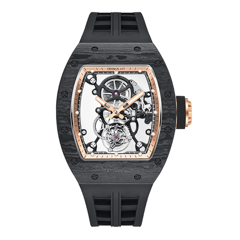 CRONUSART Men Tourbillon Watch Tonneau Mechanical Wristwatch Carbon Fiber Case Sapphire Mirror Luminous Skeleton Dial FKM Strap