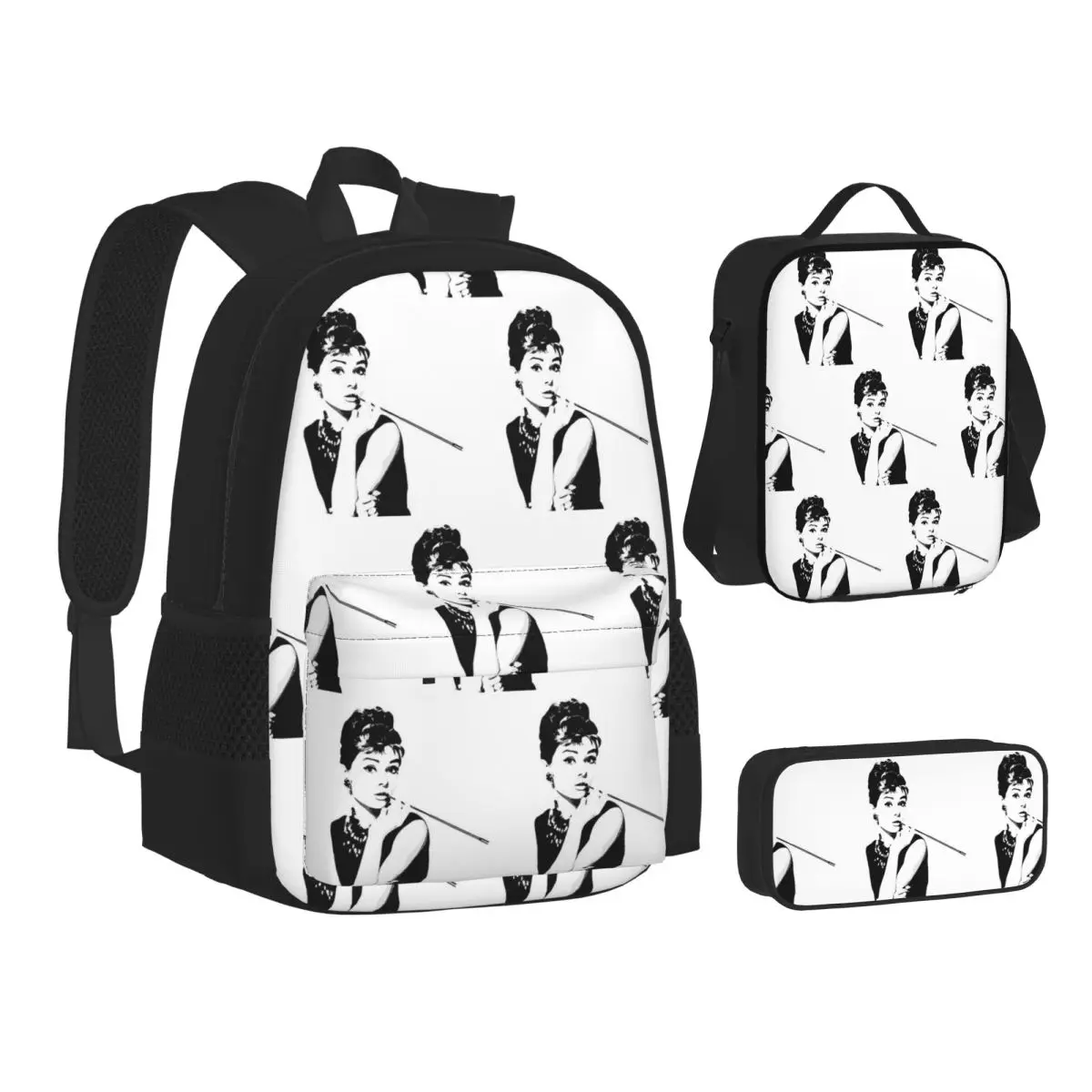 

Audrey Hepburn Portrait A Backpacks Boys Girls Bookbag School Bags Kids Rucksack Lunch Bag Pen Bag Three-Piece Set