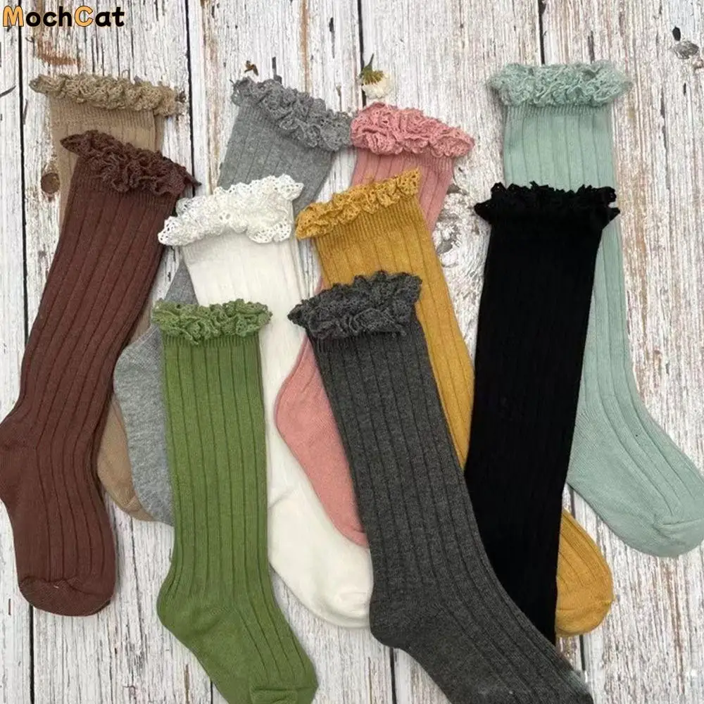 

Solid Color Comfortable Lace Cotton Ruffle Korean Style Stockings Children Girls Long Socks Kids Hosiery Knee High Socks